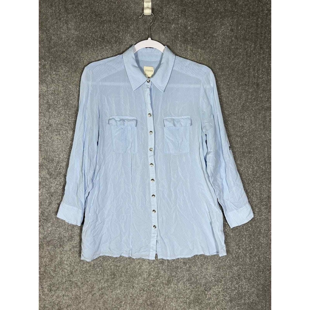 Chicos Utility Button Up Top Womens Size 1 Petite US Sz 8P Blue Chest Pockets